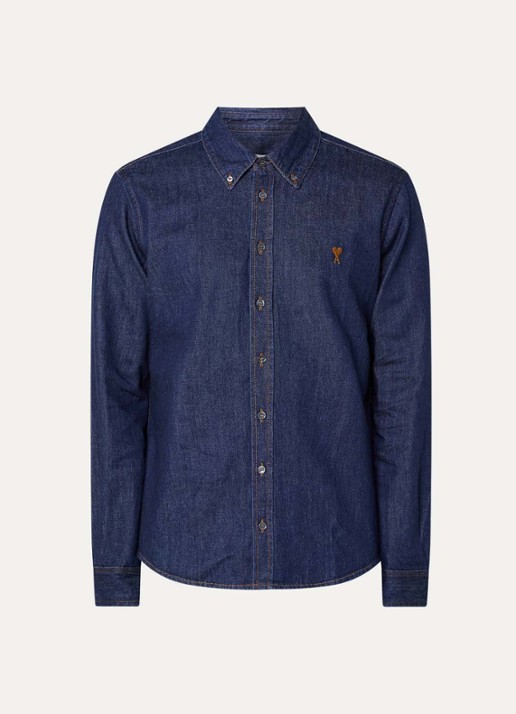 AMI Paris Regular fit overhemd van denim met logo - voorkant 3 indigo