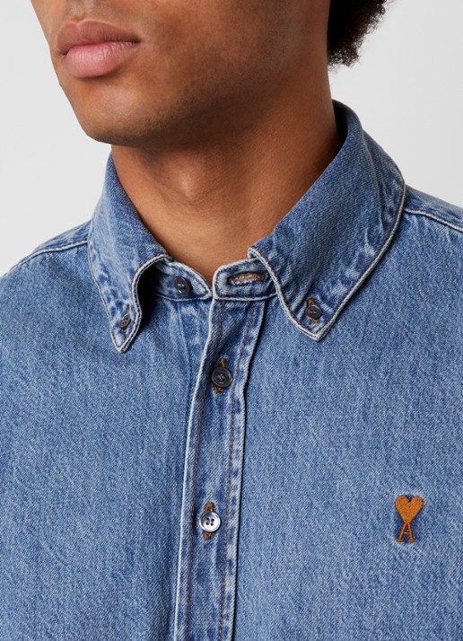 AMI Paris Regular fit overhemd van denim met logo - detail 4 indigo
