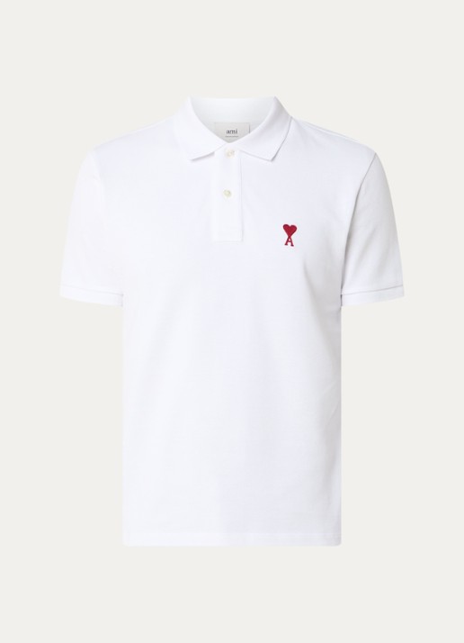 AMI Paris Regular fit polo van  piqué katoen met logo - voorkant 3 wit