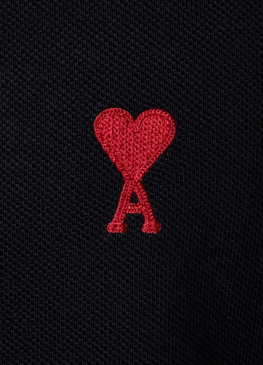 AMI Paris Regular fit polo van  piqué katoen met logo - detail 5 zwart