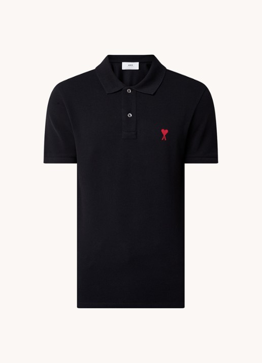 AMI Paris Regular fit polo van  piqué katoen met logo - voorkant 2 zwart
