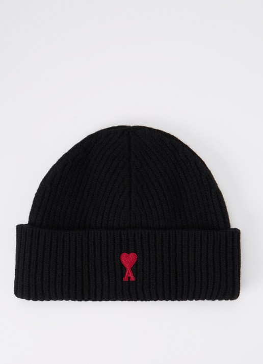 AMI Paris Ribgebreide muts van wol met logo