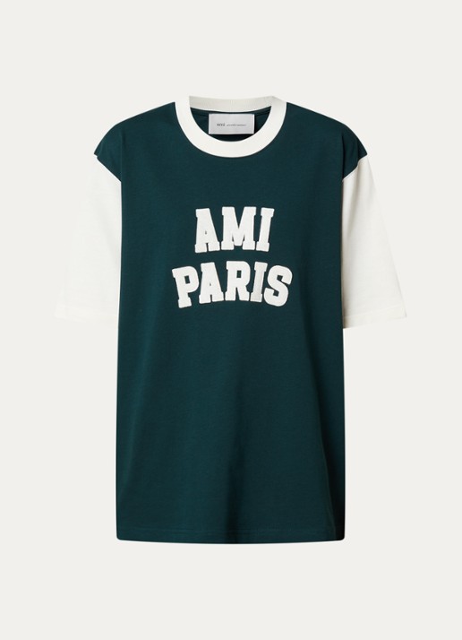AMI Paris T-shirt met logoborduring - voorkant 3 groen
