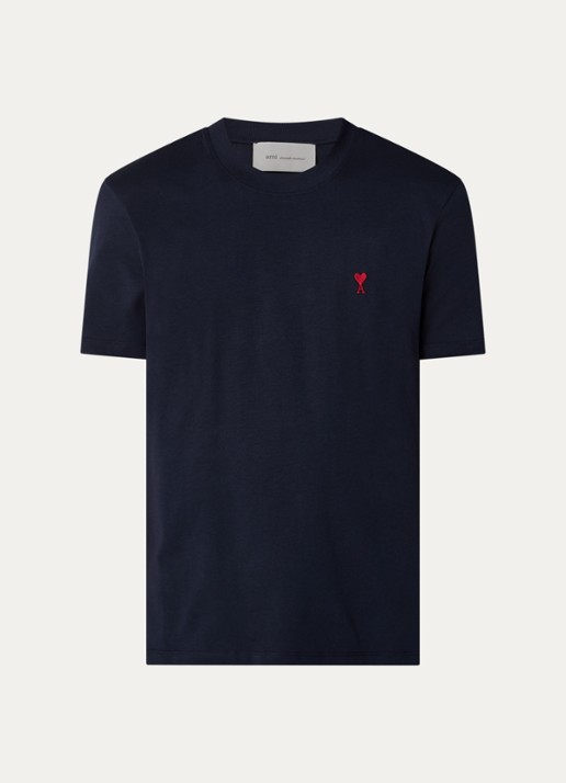 AMI Paris T-shirt met logoborduring - voorkant 4 donkerblauw