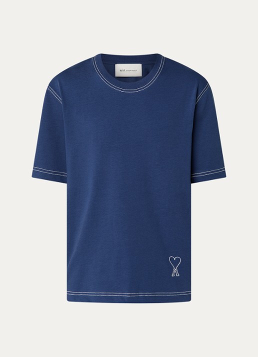 AMI Paris T-shirt met logoborduring - voorkant 3 indigo
