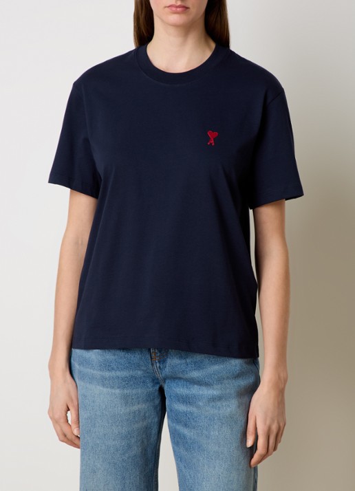 AMI Paris T-shirt van  katoen met logoborduring - detail 2 donkerblauw