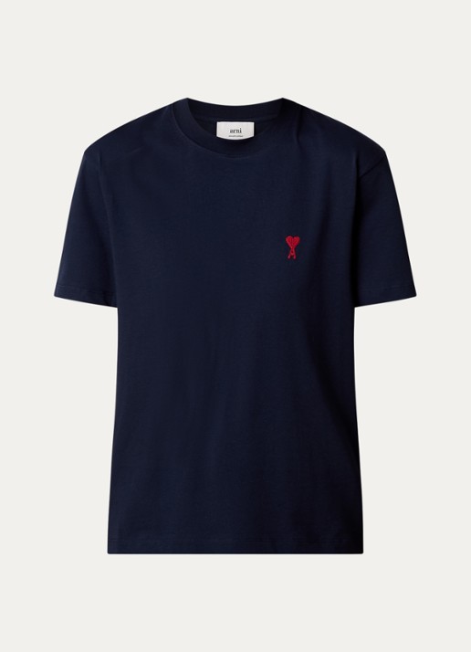 AMI Paris T-shirt van  katoen met logoborduring - voorkant 4 donkerblauw