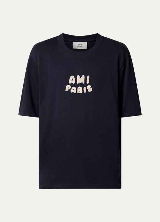 AMI Paris T-shirt van  katoen met logoborduring - voorkant 4 donkerblauw