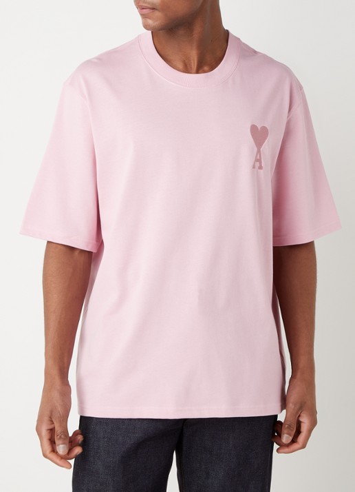 AMI Paris T-shirt van  katoen met logoborduring  - detail 3 roze