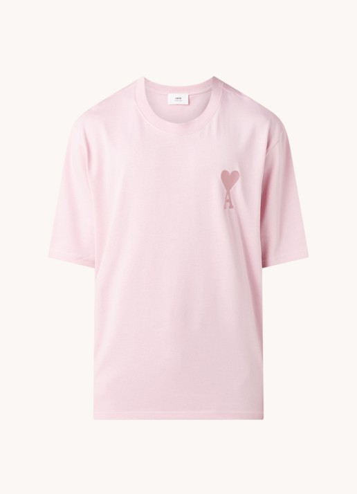 AMI Paris T-shirt van  katoen met logoborduring  - voorkant roze