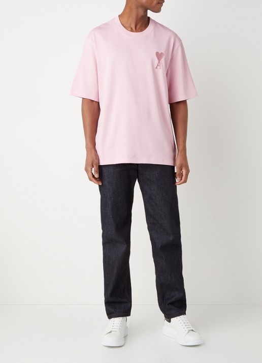 AMI Paris T-shirt van  katoen met logoborduring  - voorkant 2 roze