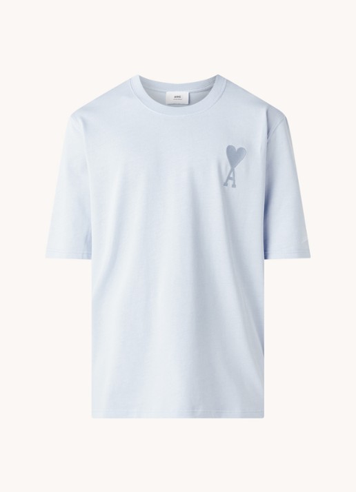 AMI Paris T-shirt van  katoen met logoborduring  - voorkant lichtblauw