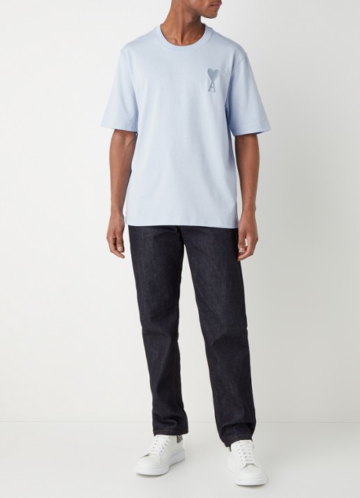 AMI Paris T-shirt van  katoen met logoborduring  - voorkant 2 lichtblauw