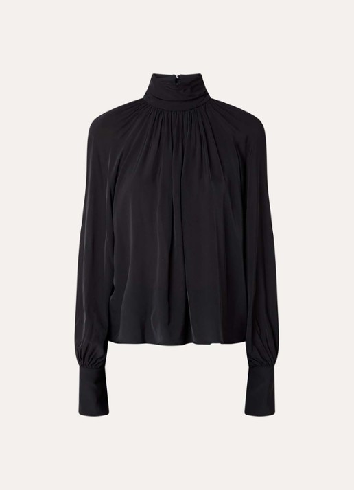 Anine Bing Anne blouse met opstaande kraag en ballonmouwen - voorkant 3 zwart