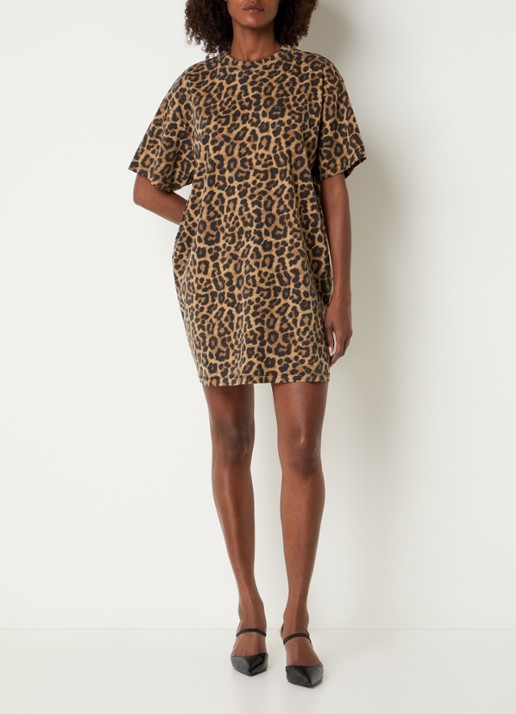 Anine Bing Beth mini T-shirt jurk met dierenprint - voorkant 4 camel