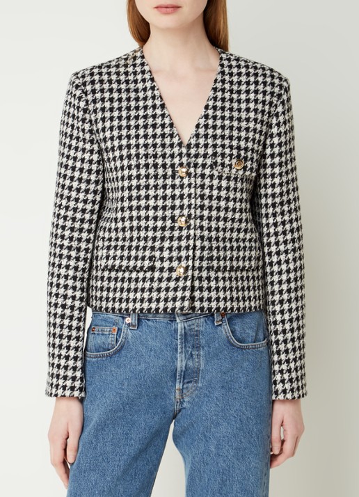 Anine Bing Cara cropped blazer van tweed met pied-de-poule dessin - detail 4 zwart