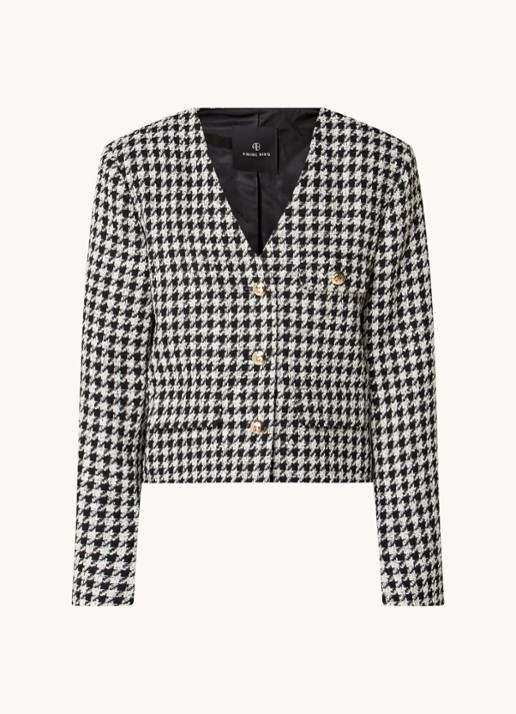 Anine Bing Cara cropped blazer van tweed met pied-de-poule dessin - voorkant zwart