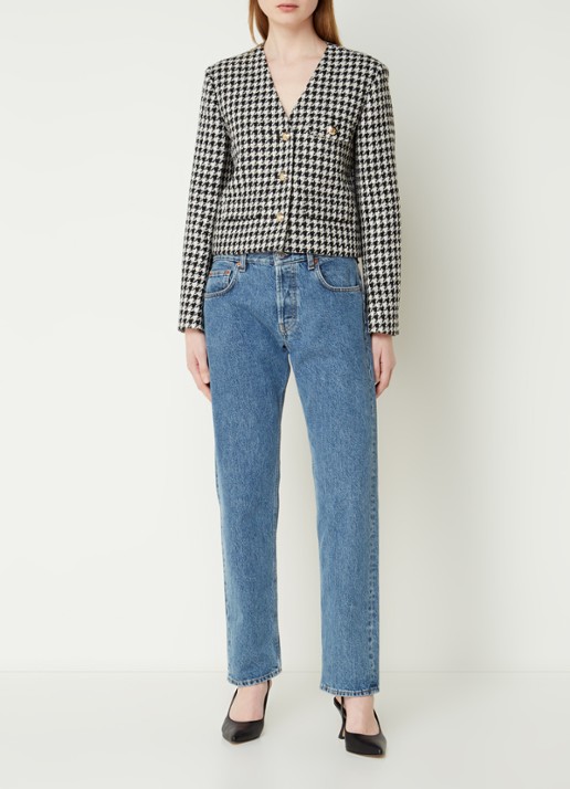 Anine Bing Cara cropped blazer van tweed met pied-de-poule dessin - voorkant 2 zwart