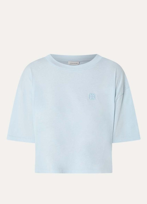 Anine Bing Johnny cropped T-shirt met logo - voorkant 2 lichtblauw