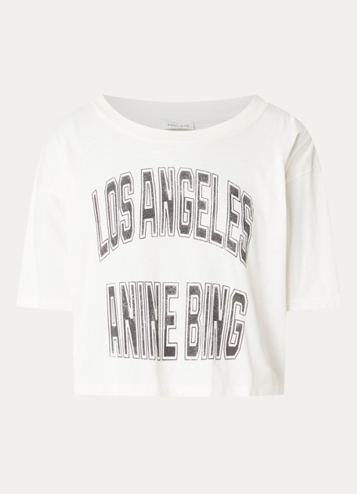 Anine Bing Johnny cropped T-shirt met logoprint - voorkant gebroken wit