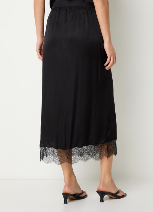 Anine Bing Shelby midi rok in zijdeblend met details van kant - achterkant zwart