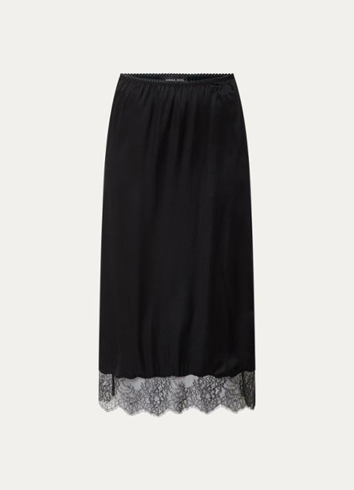 Anine Bing Shelby midi rok in zijdeblend met details van kant - voorkant 3 zwart