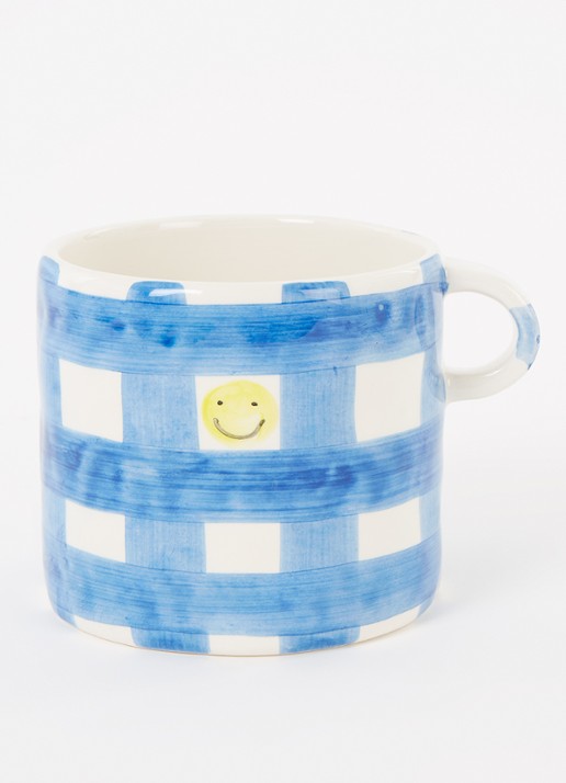 Anna + Nina Checkered Smiley mok 45 cl - voorkant 2 blauw