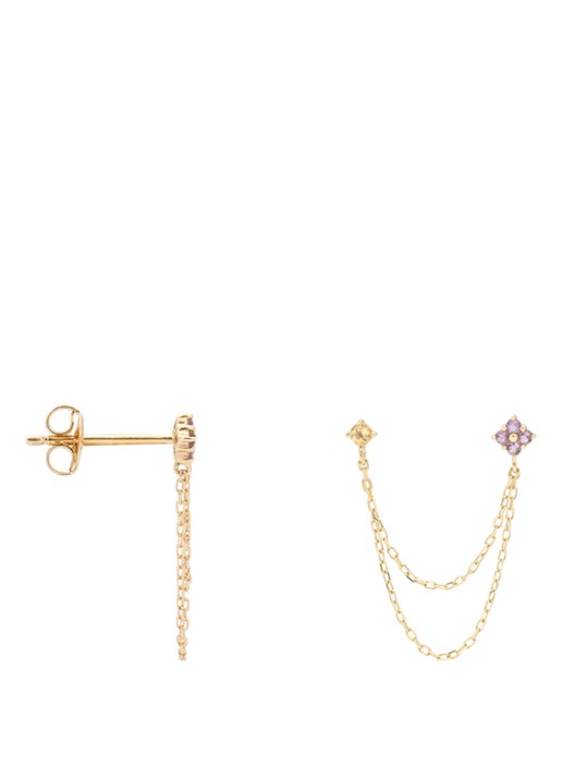 Anna + Nina Single Gilded Chain oorknopjes van 14 karaat geelgoud met amethist en citrien