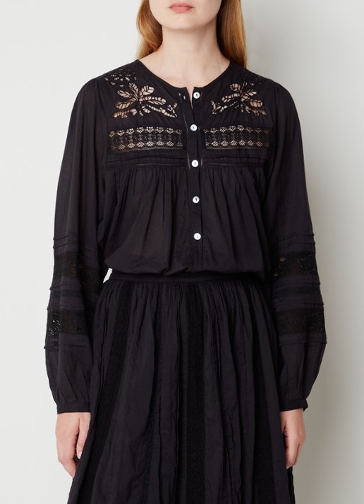 Antik Batik Aloha blouse met ballonmouw en details van kant - detail 4 zwart