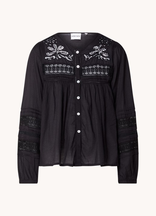 Antik Batik Aloha blouse met ballonmouw en details van kant - voorkant 2 zwart