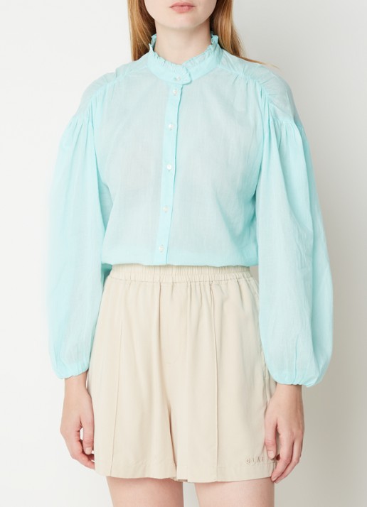 Antik Batik Anna blouse met opstaande kraag en ballonmouw - detail 4 aquablauw