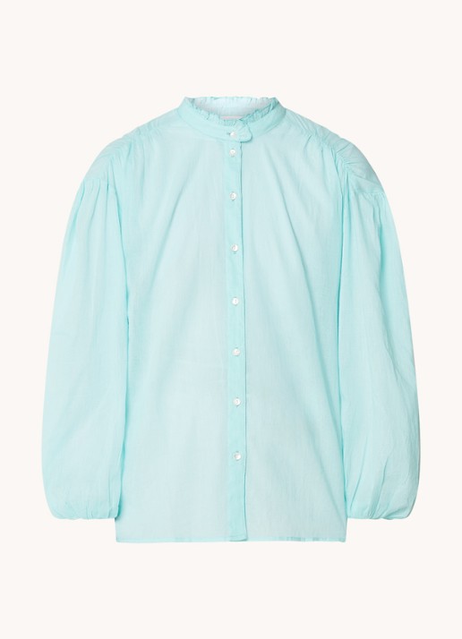 Antik Batik Anna blouse met opstaande kraag en ballonmouw - voorkant aquablauw