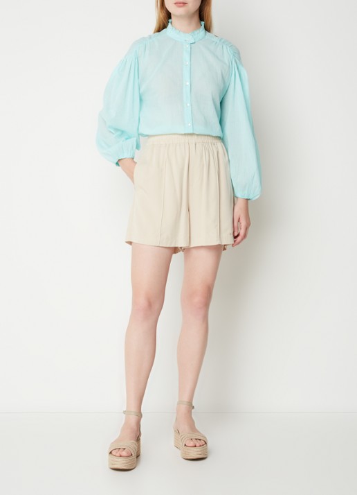 Antik Batik Anna blouse met opstaande kraag en ballonmouw - voorkant 2 aquablauw