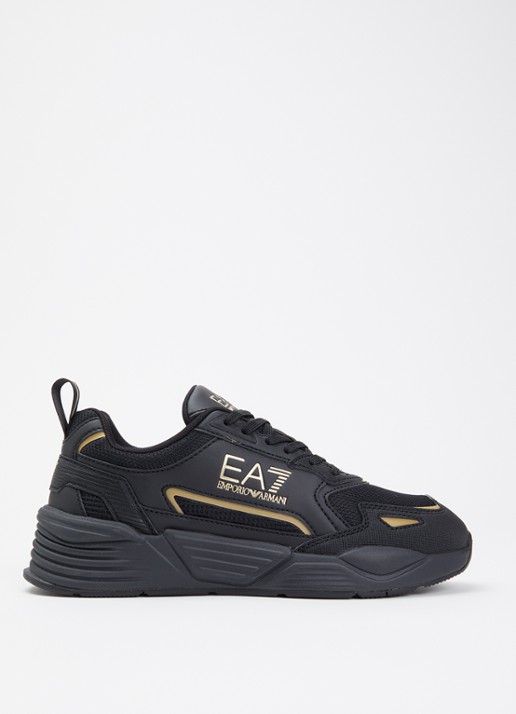 Armani EA7 ACE Runner sneaker van leer met mesh details en logo - voorkant 5 zwart