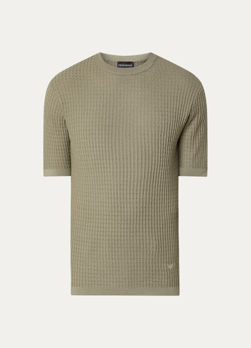 Armani Fijngebreid T-shirt van wol met structuur - voorkant 2 khaki