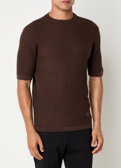 Armani Fijngebreid T-shirt van wol met structuur - detail donkerbruin
