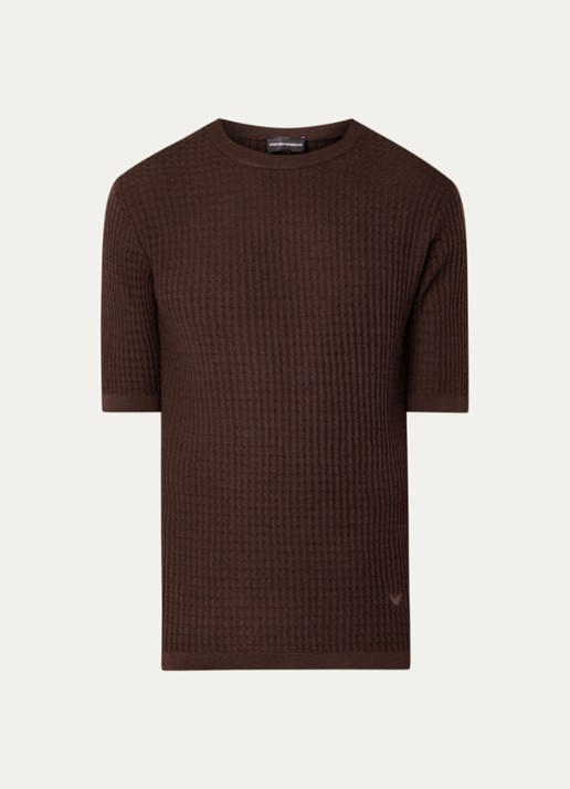 Armani Fijngebreid T-shirt van wol met structuur - voorkant 3 donkerbruin