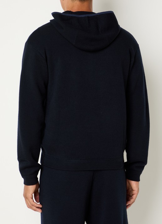 Armani Fijngebreid vest met capuchon en logo - achterkant 2 donkerblauw
