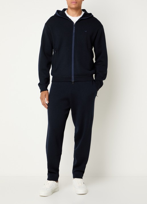 Armani Fijngebreid vest met capuchon en logo - voorkant 4 donkerblauw