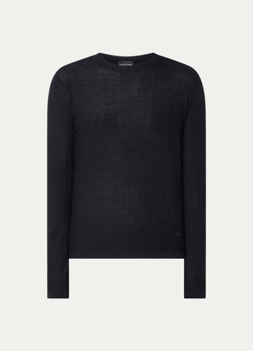 Armani Fijngebreide pullover in wolblend met structuur - voorkant donkerblauw