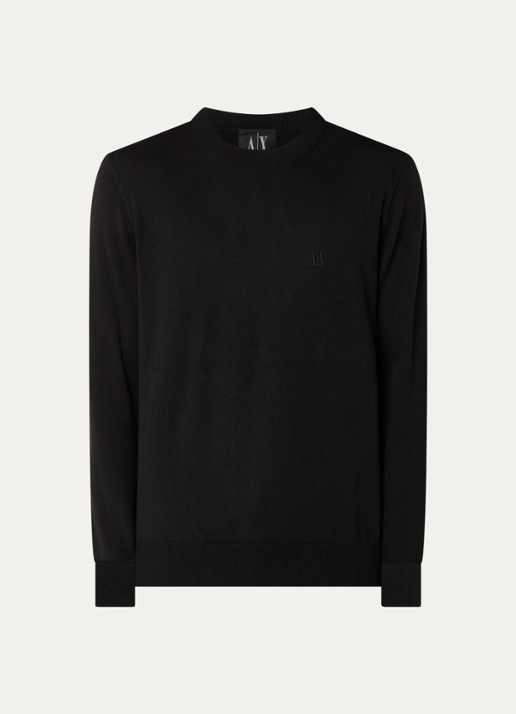 Armani Fijngebreide pullover in zijdeblend met logoborduring - voorkant 3 zwart