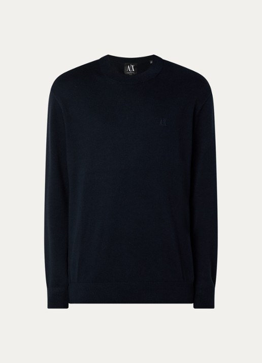 Armani Fijngebreide pullover in zijdeblend met logoborduring - voorkant donkerblauw