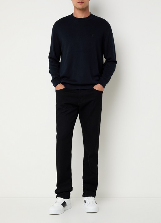 Armani Fijngebreide pullover in zijdeblend met logoborduring - voorkant 2 donkerblauw