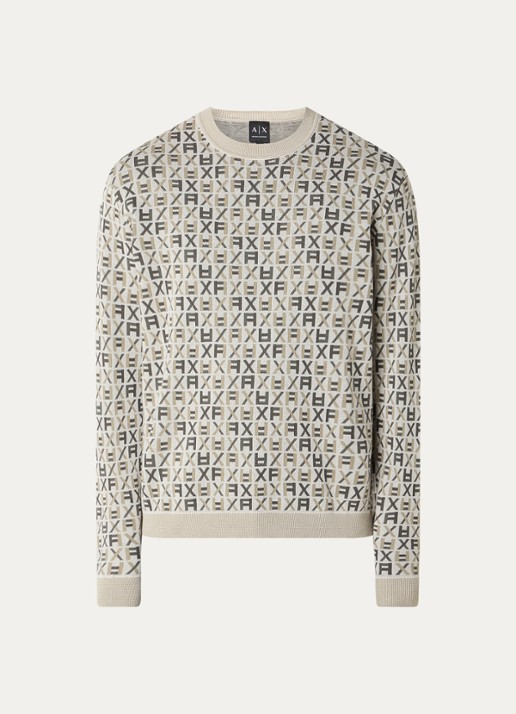Armani Fijngebreide pullover met logoprint - voorkant lichtgrijs