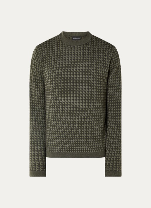 Armani Fijngebreide pullover van scheerwol met ingebreid patroon - voorkant olijfgroen