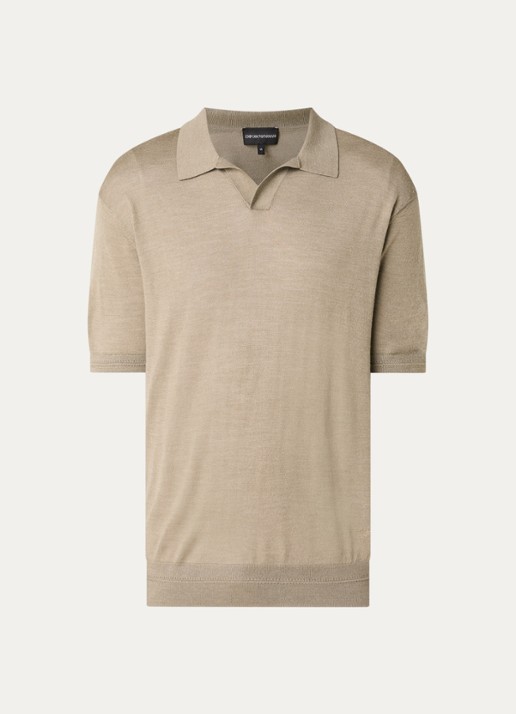 Armani Fijngebreide regular fit polo in zijdeblend - voorkant zand