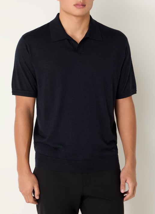 Armani Fijngebreide regular fit polo in zijdeblend - detail 2 donkerblauw