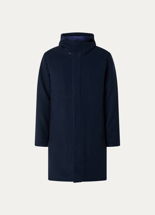 Armani Gewatteerde mantel in wolblend met capuchon - voorkant donkerblauw