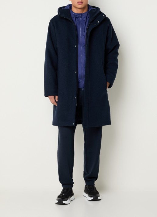 Armani Gewatteerde mantel in wolblend met capuchon - voorkant 2 donkerblauw
