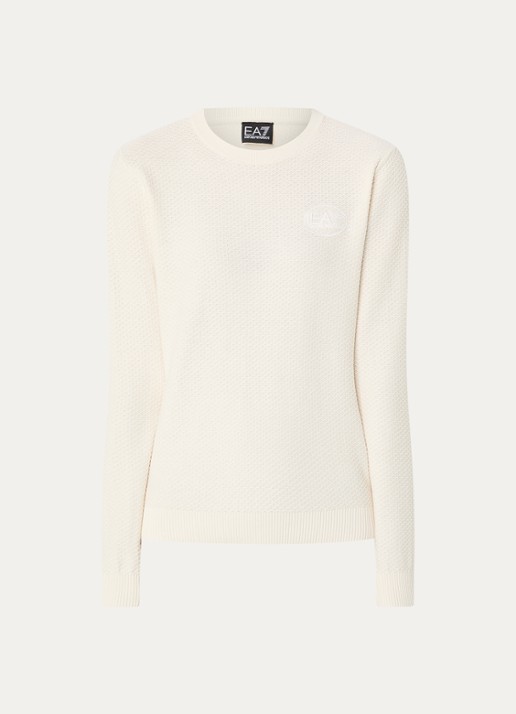 Armani Grofgebreide pullover met logo - voorkant gebroken wit